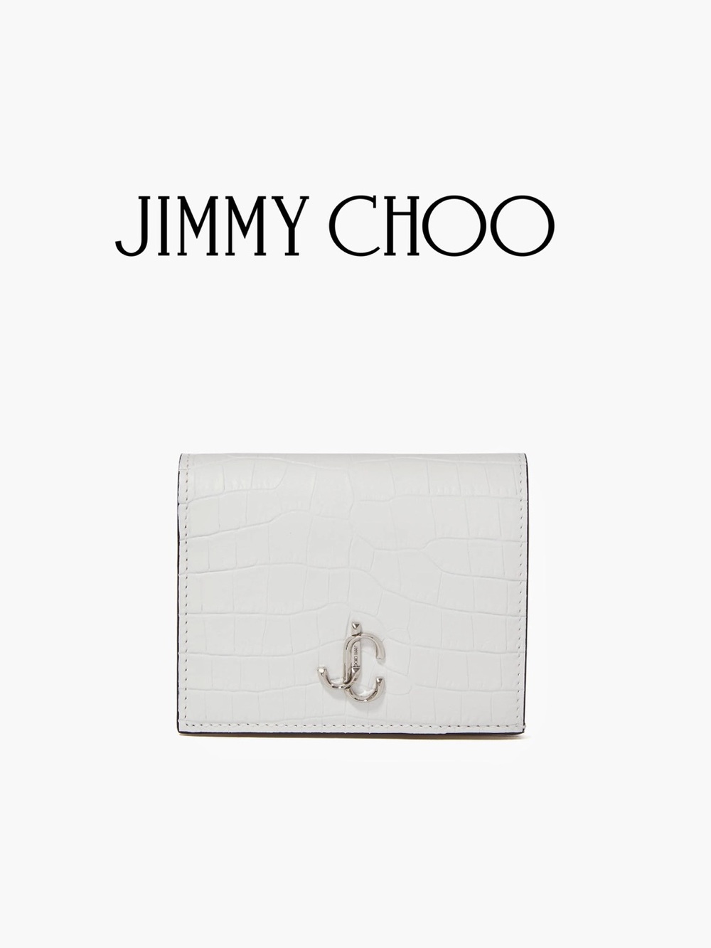 Jimmy Choo White Croc-Embossed Fold Wallet with Silver JC Logo